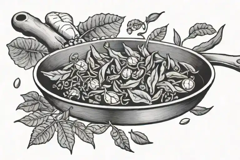 A hand throwing cloves, cardamom, black pepper, red chilli, bay leaf and cinamon stick in a fry pan tattoo design idea