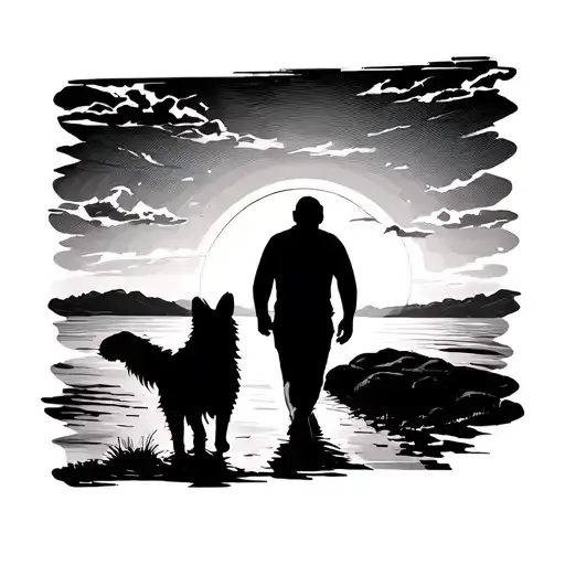 silhouette of a dog and man walking away into a sunset tattoo design idea