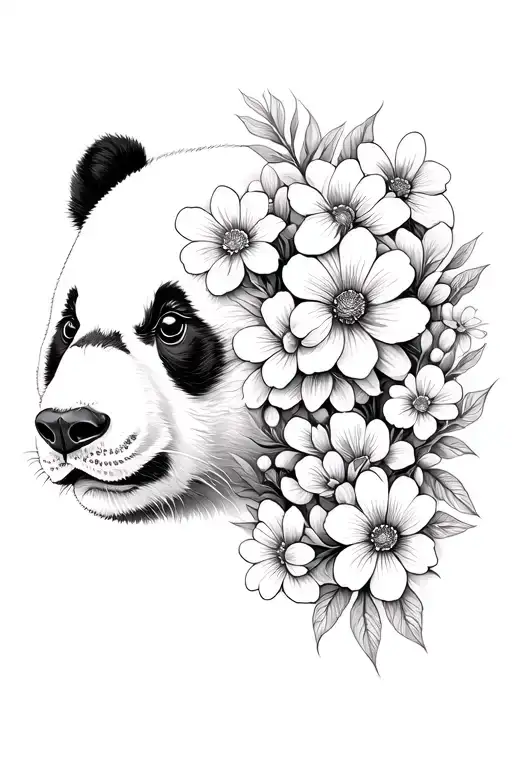 panda whos face is morphed into flowers growing tattoo design idea