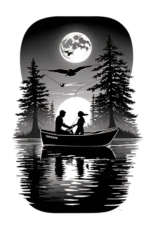 bass tracker boat fishing dad and daughter on lake with nature  moon trees on water at dusk with mallard flying off  tattoo design idea