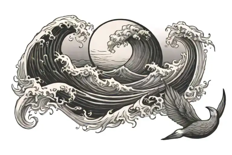 albatross wave moon merging together tattoo design idea
