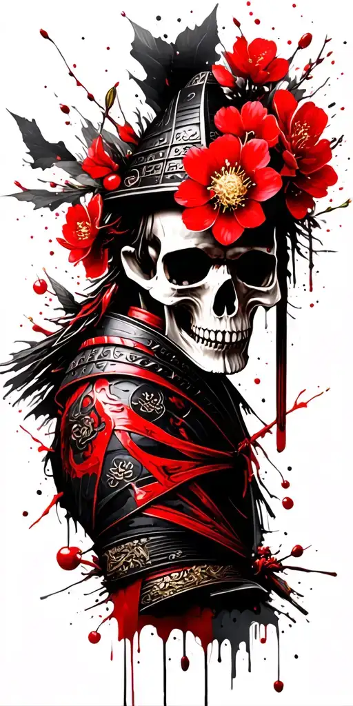 Samurai Skull surrounded by Cherry Blossoms tattoo design idea
