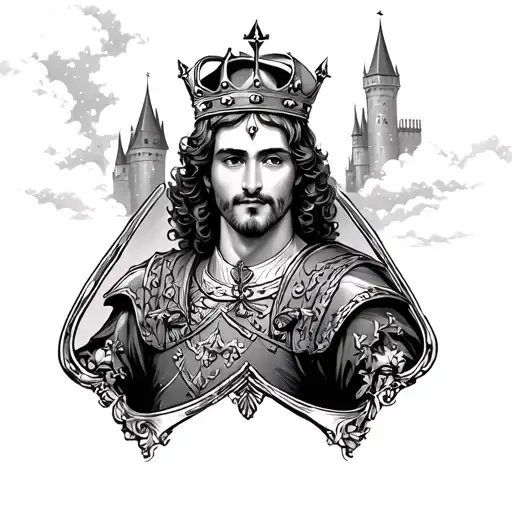 a prince wearing a crown with in the background a medieval castle underneath a stary sky in a spade shaped frame tattoo design idea