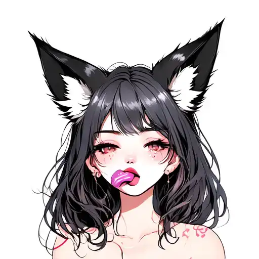 Girl with fox ears licks her lips and gets ecstasy tattoo design idea