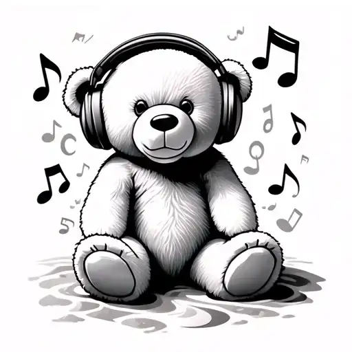 Teddy bear wearing headphones surrounded by musical notes sitting on a beach tattoo design idea