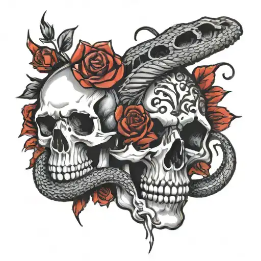 Snake around a skull with red roses growing tattoo design idea