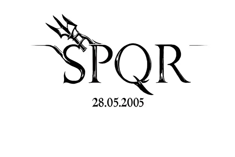 SPQR roman tatoo with a trident and roman numbers saying 28.05.2005 tattoo design idea