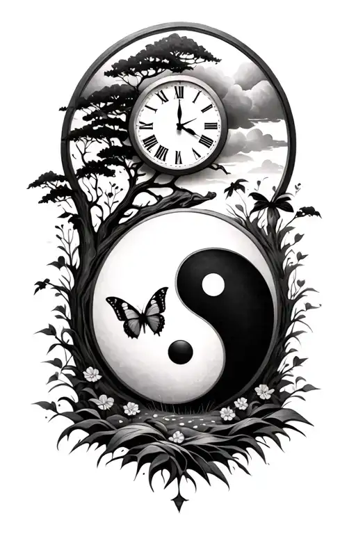 Yin Yang, tree, sand clock, time, butterfly tattoo design idea