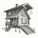 wooden chalet or cabin placed on clouds. The cabin has a single-sided roof. There is storage with logs tattoo design idea