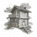 wooden chalet or cabin placed on clouds. The cabin has a single-sided roof. There is storage with logs tattoo design idea