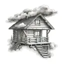 wooden chalet or cabin placed on clouds. The cabin has a single-sided roof. There is storage with logs tattoo design idea
