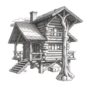 wooden chalet or cabin placed on clouds. The cabin has a single-sided roof. There is storage with logs tattoo design idea