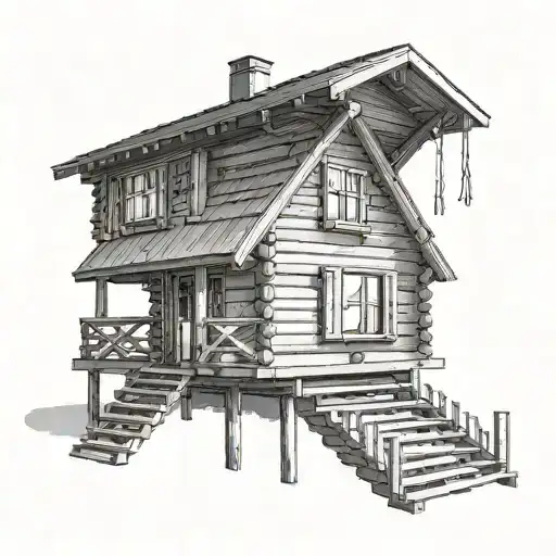 wooden chalet or cabin placed on clouds. The cabin has a single-sided roof. There is storage with logs tattoo design idea