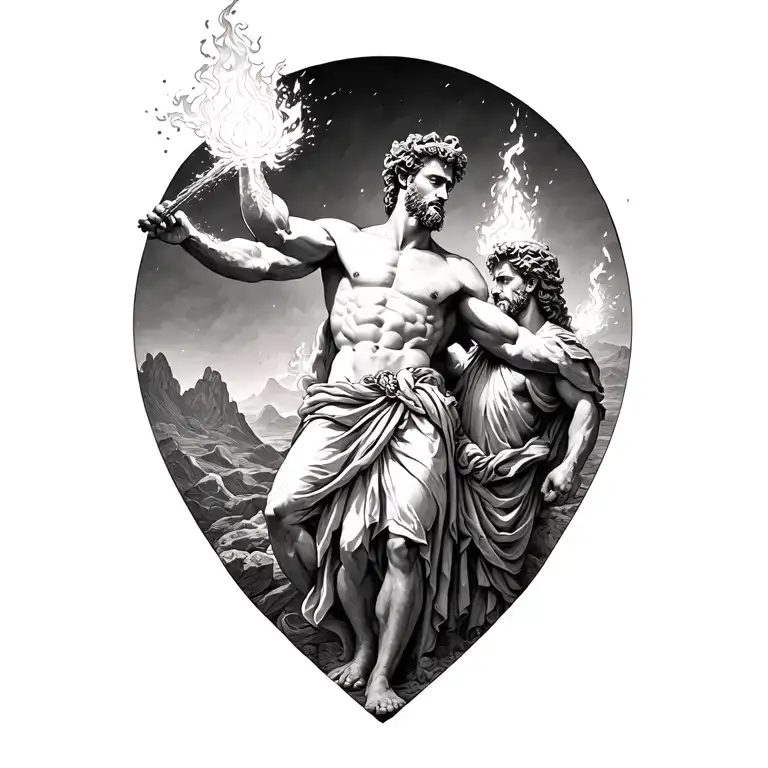 Mythological tattoo design of Prometheus stealing fire from Zeus and giving it to humanity, symbolizing sacrifice and ri tattoo design idea