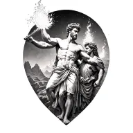 Mythological tattoo design of Prometheus stealing fire from Zeus and giving it to humanity, symbolizing sacrifice and ri tattoo design idea