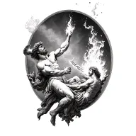 Mythological tattoo design of Prometheus stealing fire from Zeus and giving it to humanity, symbolizing sacrifice and ri tattoo design idea
