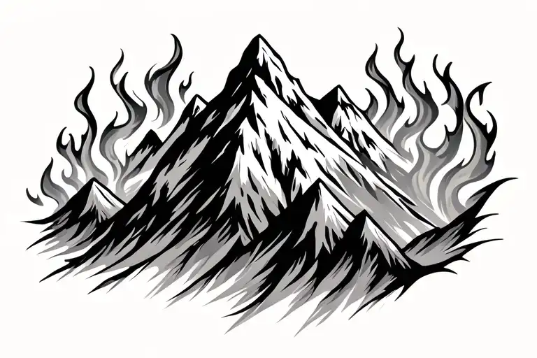 mountain on fire flames tattoo design idea