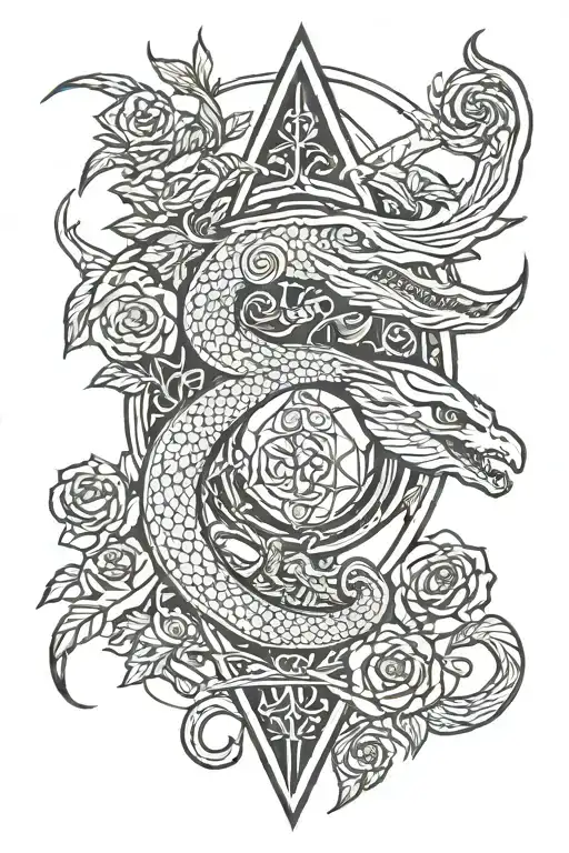 tree snake one pyramid black eagle waterfalls eyeball wheelchair sun, moon ,whale, dragon emersing, yinyang skull roses tattoo design idea