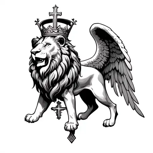 a lion with a crown and a cross under it on the calve then and archangel on the shin half sleve tattoo design idea