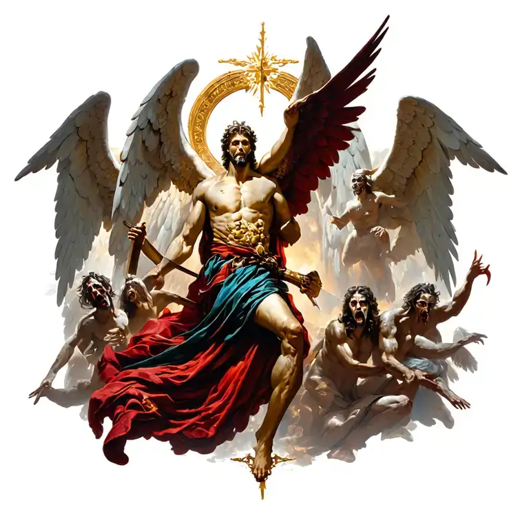 St. Michael Arch Angel Stabbing Satan in a cathedral behind with angels and demons around tattoo design idea