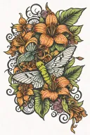tiger lily whimsical with hummingbird and dragonfly  tattoo design idea