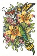 tiger lily whimsical with hummingbird and dragonfly  tattoo design idea