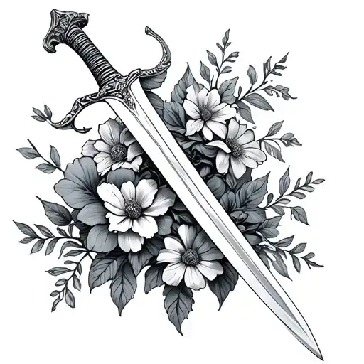 sabre sword wrapped with flowers growing with simply line work and feminine  tattoo design idea