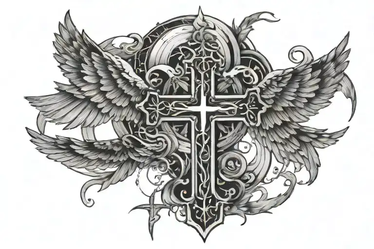  a cross some wings around, october 17 2022, broken bridge,Psalms 91:11 tattoo design idea