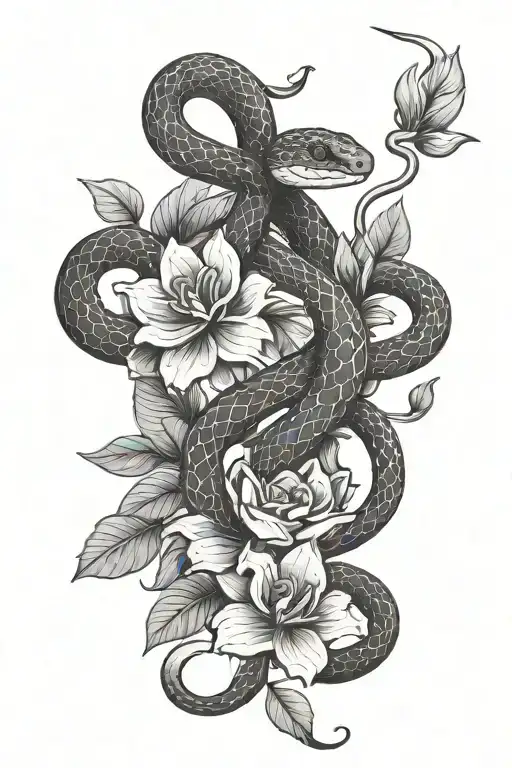 Snake with flowers and leaves intertwined tattoo design idea