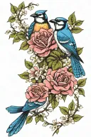 jasmine flowers, roses intertwined, 2 blue jay birds tattoo design idea