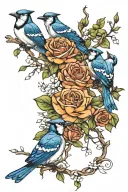 jasmine flowers, roses intertwined, 2 blue jay birds tattoo design idea