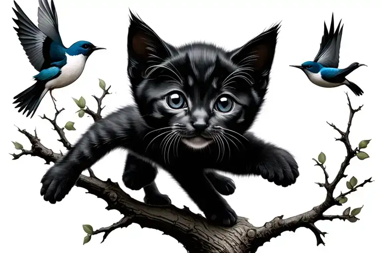 black kitten chasing birds in a tree tattoo design idea