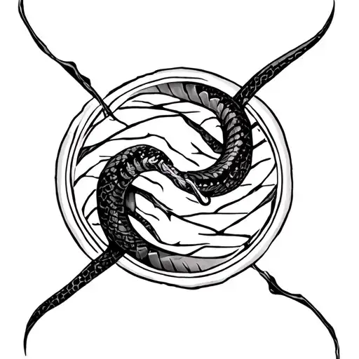 circle shape broken at the top one side ends in forked tongue like snake the other a straight small vertical line tattoo design idea