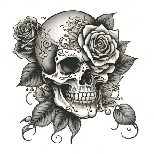 skull and money and rose surrounded tattoo design idea