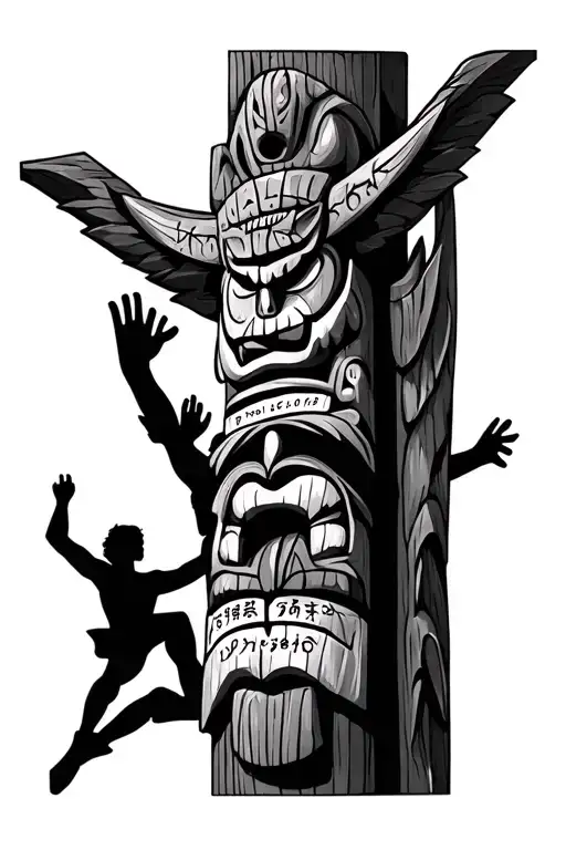 totem pole  Engraved with Japanese Writing of Proverbs 24:16 and a shadow of an outline of the crucifixion behind it tattoo design idea