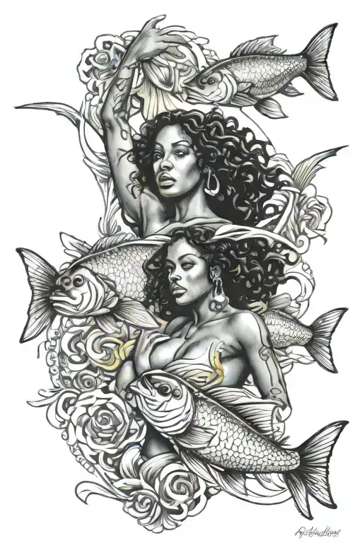 pisces fish swimming with African American woman show strength  tattoo design idea