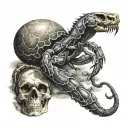a scorpion holding a skull with its tail up  tattoo design idea