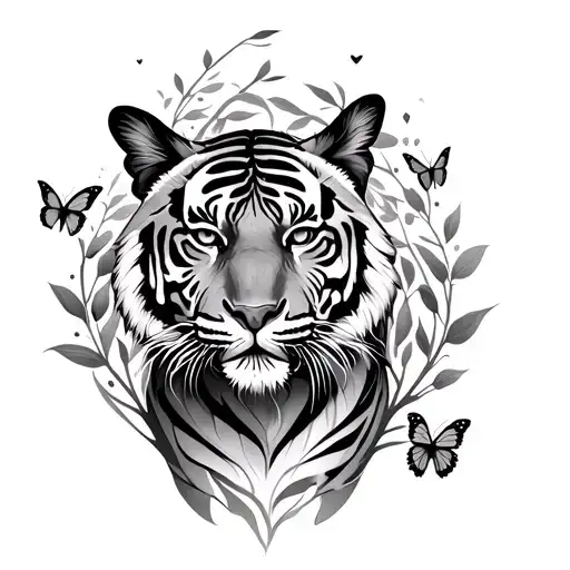 tiger with butterfly trail wrapping around it with vines tattoo design idea