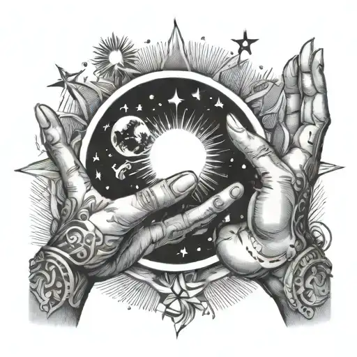 hands with the sun and moon with stars tattoo design idea