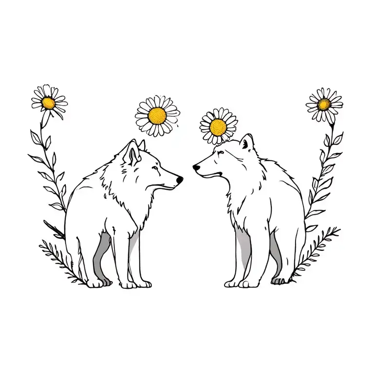 chamomile flower intertwine around a wolf and a bear tattoo design idea