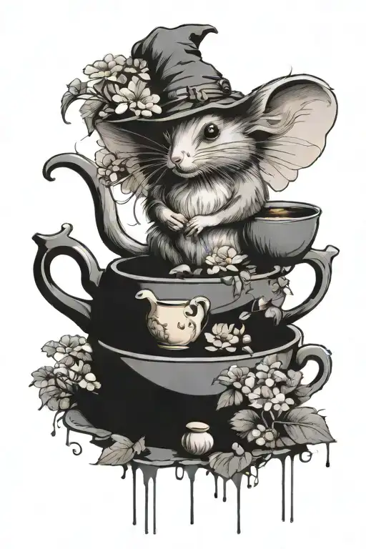 mouse with fairy wings sits at mushroom table set with a teapot. Flowers grow around them.  tattoo design idea