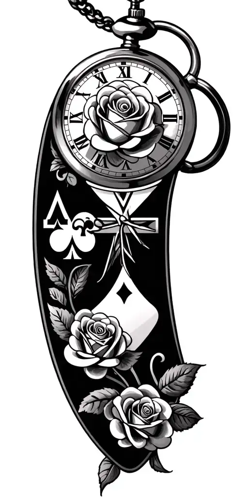 roses cross ace of spades pocket watch surrounded tattoo design idea