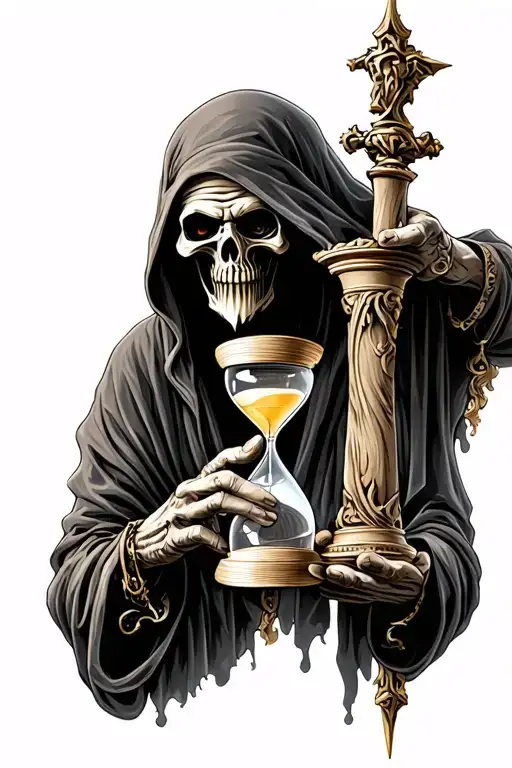 rugged grim reaper holding hourglass tattoo design idea