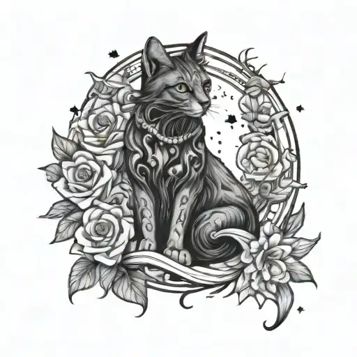 Hecate surrounded by flowers rainbow and moon and stars with cat tattoo design idea