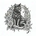 Hecate surrounded by flowers rainbow and moon and stars with cat tattoo design idea
