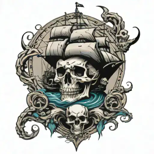 ship and skulls facing each other half tattoo design idea