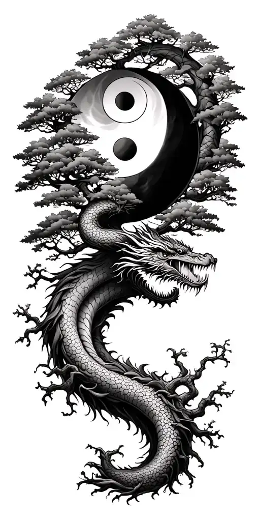 Tattoo for a complete left arm a tree that is rooted in a yin yang and a dragon that wraps around the arbr tattoo design idea