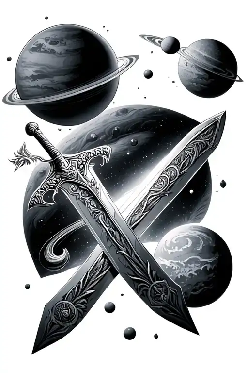 viking sword and planets orbiting tattoo design idea