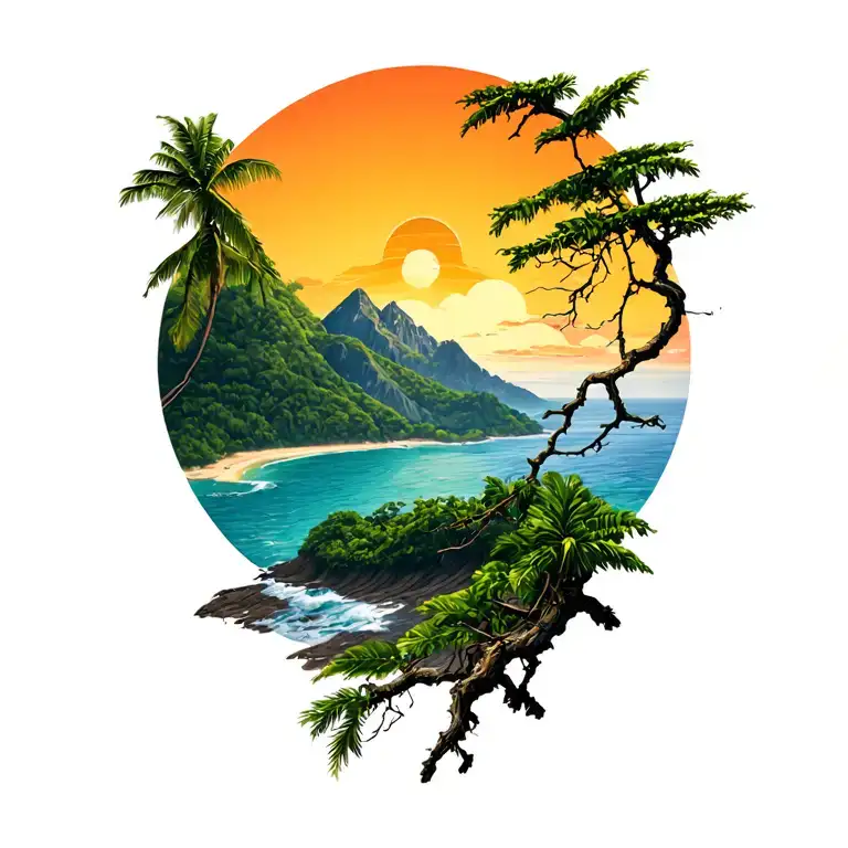 mountain on the left, costa rica pacific coast sunset with guanacaste tree branch in right foreground and small island tattoo design idea