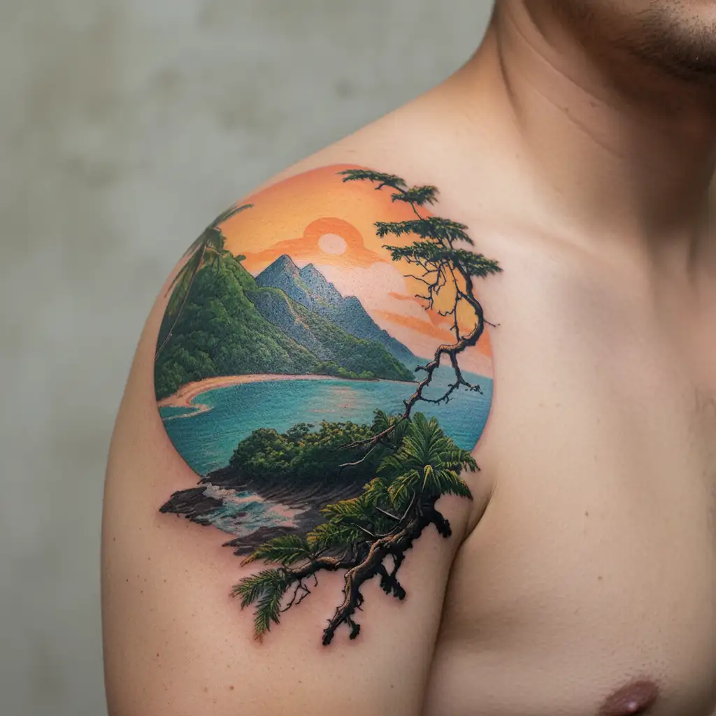 mountain on the left, costa rica pacific coast sunset with guanacaste tree branch in right foreground and small island tattoo design idea